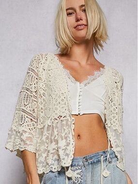 🎉 POL “ CAROLINE “   V-Neck Short Sleeve Crochet Floral Lace Cardigan 24